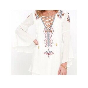 Lulus White Embroidered Lace Up Bell Sleeve Boho Tunic Top Size S